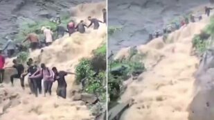 Copertina di Piogge torrenziali travolgono i turisti in visita ad una cascata: loro formano una catena umana per resistere alla forza dell’acqua – VIDEO