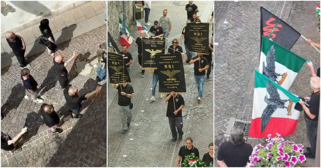 Gonfaloni della Rsi e camicie nere, neofascisti commemorano le vittime dell’eccidio di Schio con “Presente” e il saluto romano (video)