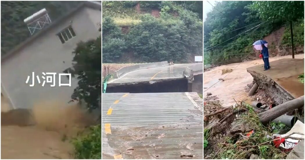 Pioggia record nel nord della Cina: inondazioni disastrose causano morti e dispersi. Crollato il ponte di un’autostrada (video)