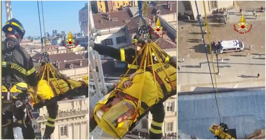 Turista sviene sulle terrazze del Duomo di Milano, calata in barella dai vigili del fuoco da 70 metri d’altezza