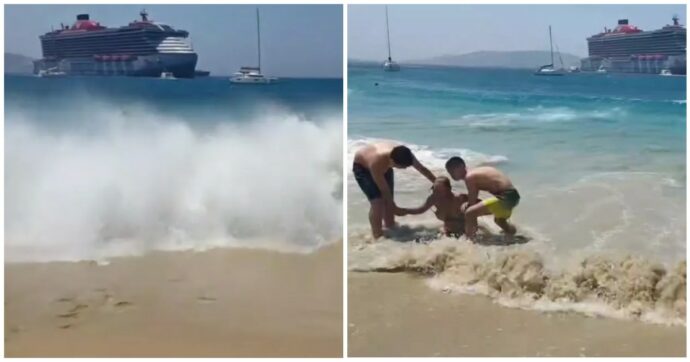 Copertina di Traghetto causa un’onda anomala che travolge i bagnanti in spiaggia: spazzati via lettini e ombrelloni, due costole rotte per una turista