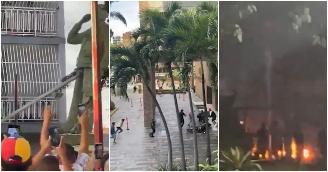 Venezuela, abbattute due statue di Chavez dai manifestanti anti-Maduro: scontri con la polizia