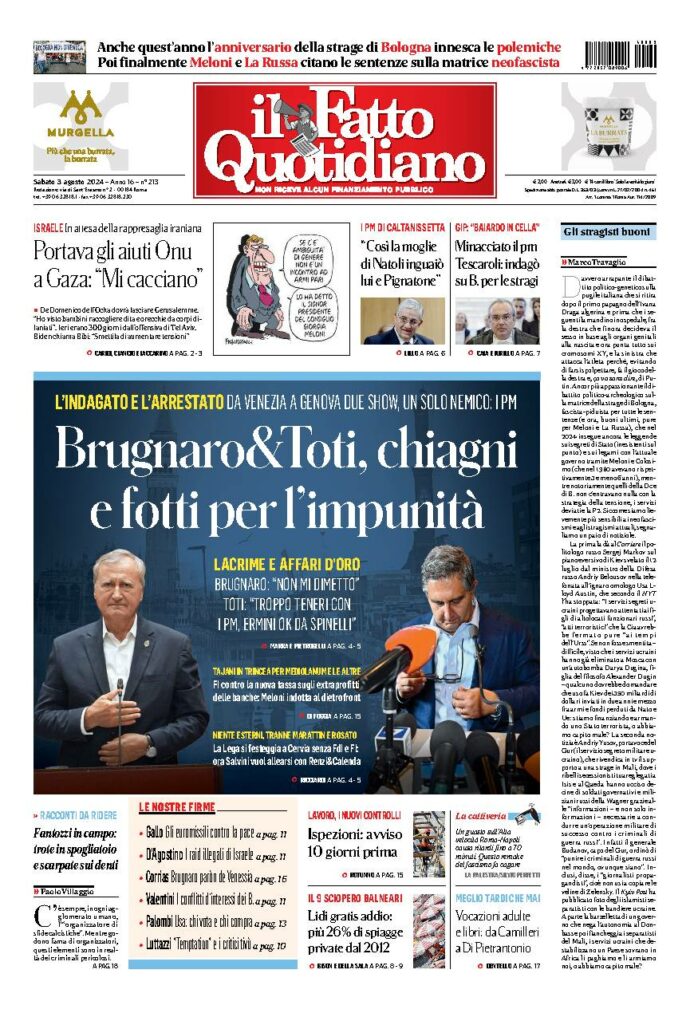 Copertina di sabato 3 Agosto 2024