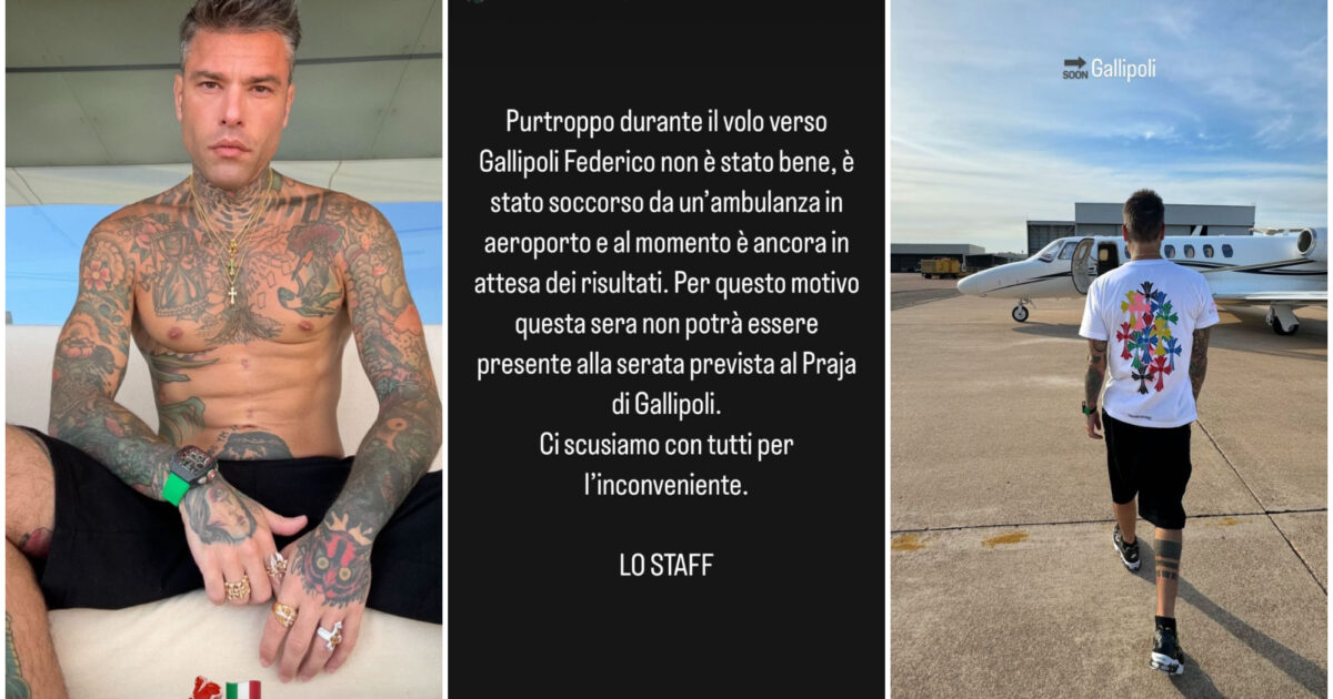 Fedez ricoverato d’urgenza all’Ospedale: “Non è stato bene durante il volo per Gallipoli, è stato soccorso da un’ambulanza in aeroporto”. Poi firma per le dimissioni