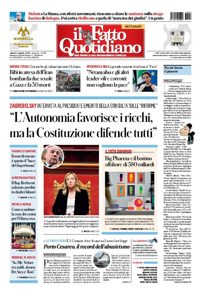 Copertina di lunedì 5 Agosto 2024