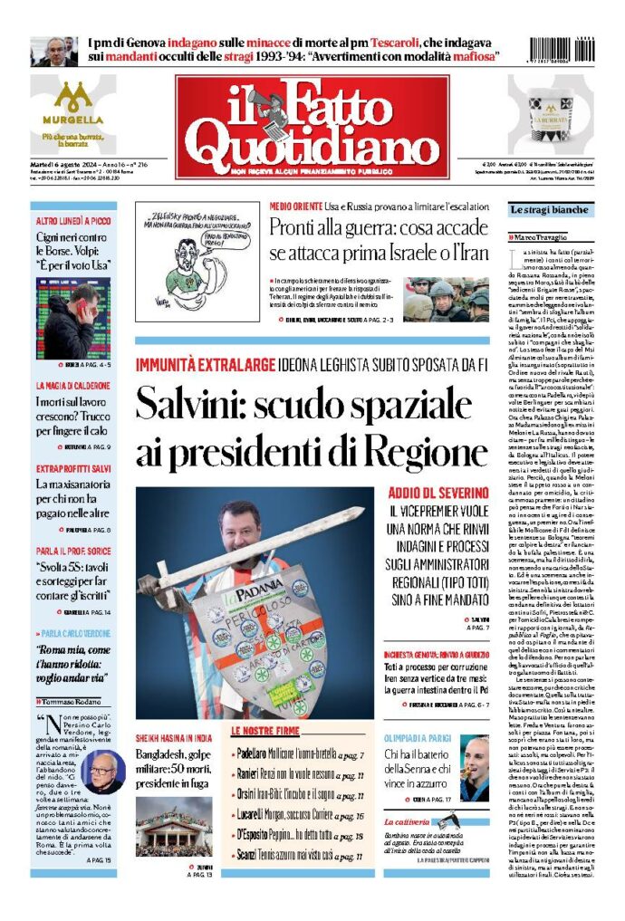 Copertina di martedì 6 Agosto 2024