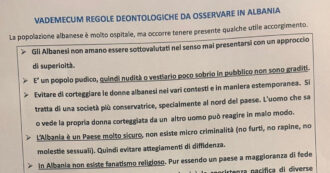 Copertina di “Non corteggiare le donne, vestirsi in modo sobrio e niente caffè al banco”: il surreale vademecum per gli agenti italiani in Albania