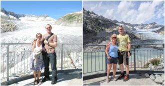 Copertina di Coppia di turisti si fotografa nello stesso punto delle Alpi Svizzere dopo 15 anni, il ghiacciaio è quasi scomparso: “Mi ha fatto piangere”