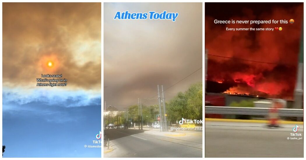 Incendi nella zona di Atene, la città greca oscurata da una nube di fumo: le immagini impressionanti