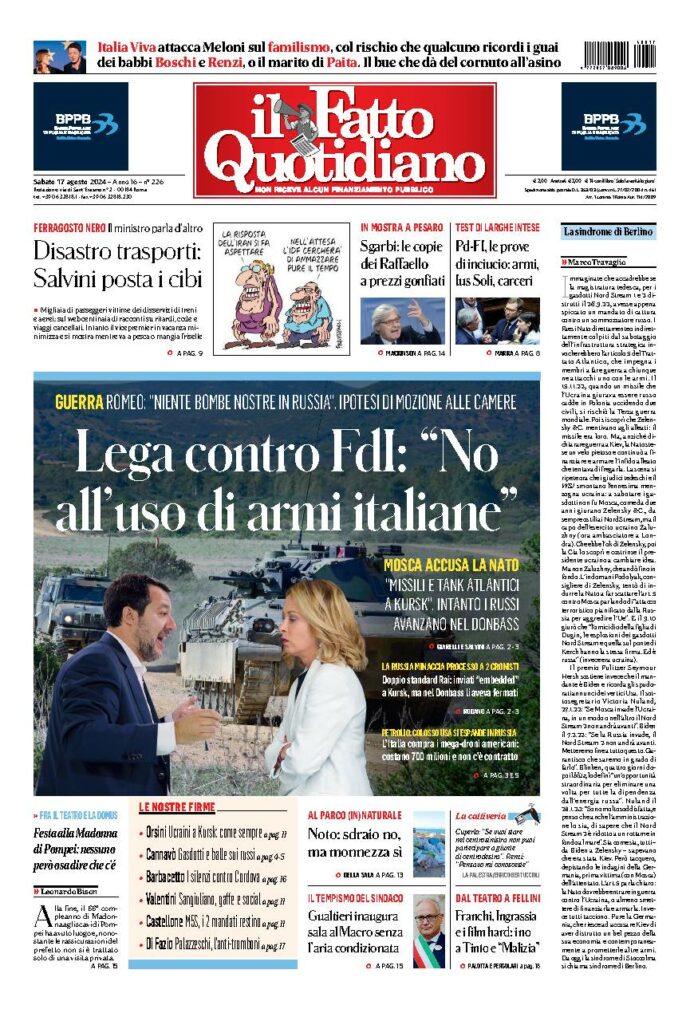 Copertina di sabato 17 Agosto 2024