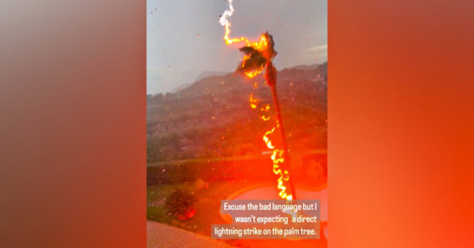 Copertina di Fulmine colpisce in pieno una palma: turista riprende il momento esatto dell’impatto – Video