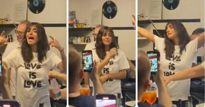 Copertina di Ambra Angiolini, show a sorpresa al bancone del bar: canta e balla “T’appartengo” davanti a un pubblico in delirio – IL VIDEO