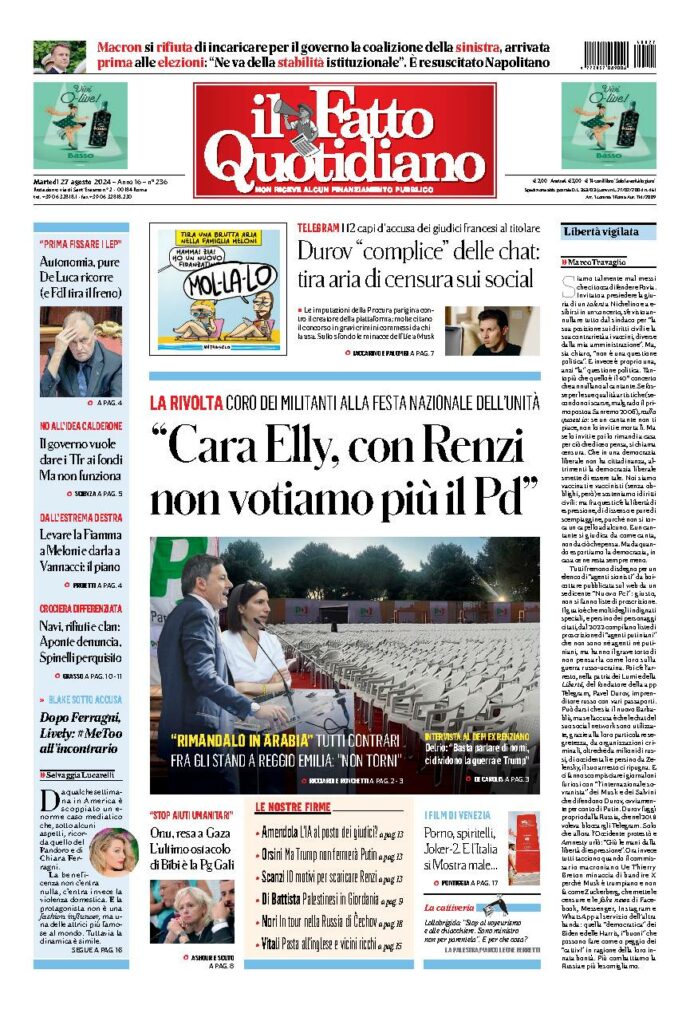 Copertina di martedì 27 Agosto 2024