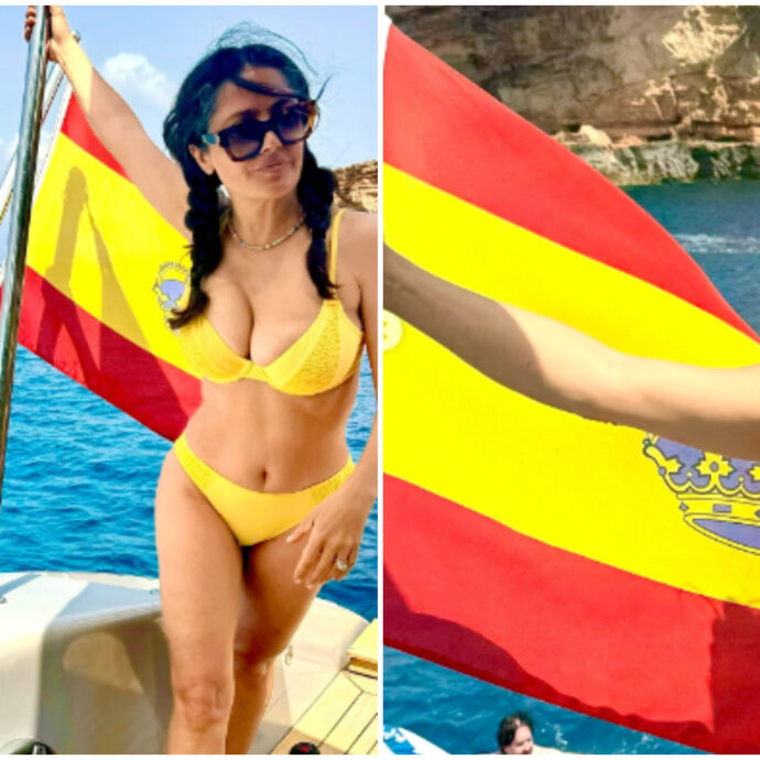 Paura dei capelli bianchi? L’attrice Salma Hayek non li teme: “Con il bikini giallo è la combinazione perfetta”