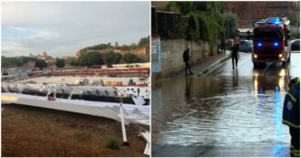 Copertina di Nubifragio a Roma, a Tor Bella Monaca sottopassaggio allagato. E al Circo Massimo si contano i danni: distrutte le installazioni – Video