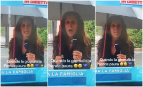 Copertina di Un tuono interrompe la diretta di Mattino Cinque e la giornalista in collegamento si spaventa: la sua reazione è virale