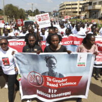 Activists and relatives of Ugandan Olympic athlete Rebecca Cheptegei march calling for an end to femicide in the western city of Eldoret, in Rift Valley, Kenya Friday, Sept. 13, 2024. (AP Photo/Andrew Kasuku)