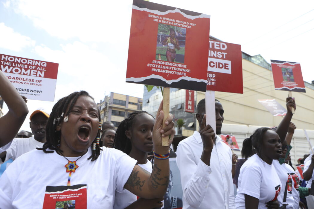 Activists and relatives of Ugandan Olympic athlete Rebecca Cheptegei march calling for an end to femicide in the western city of Eldoret, in Rift Valley, Kenya Friday, Sept. 13, 2024. (AP Photo/Andrew Kasuku)