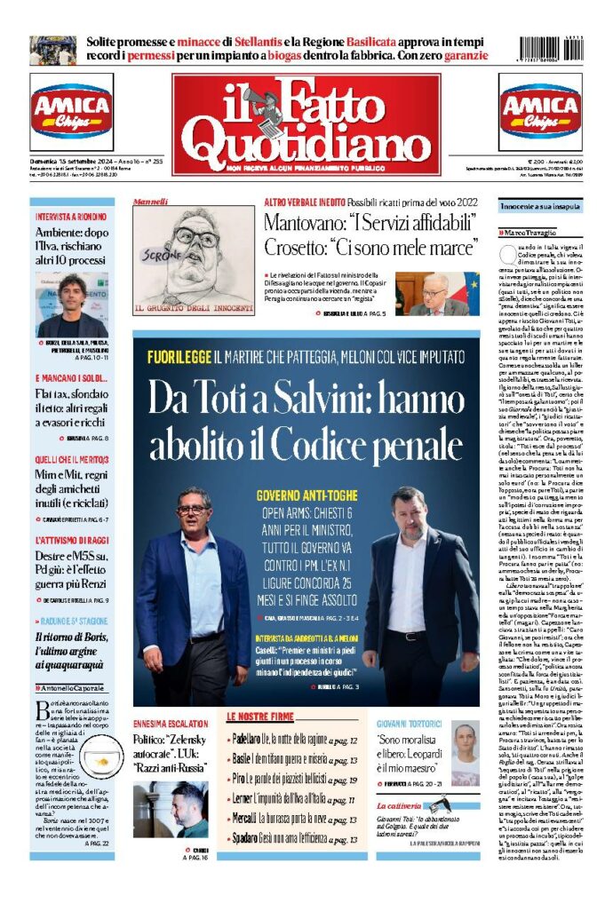 Copertina di domenica 15 Settembre 2024