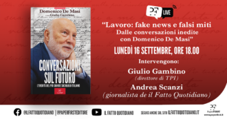 Copertina di “Lavoro: fake news e falsi miti. Dalle conversazioni inedite con Domenico De Masi”. La diretta con Giulio Gambino e Andrea Scanzi