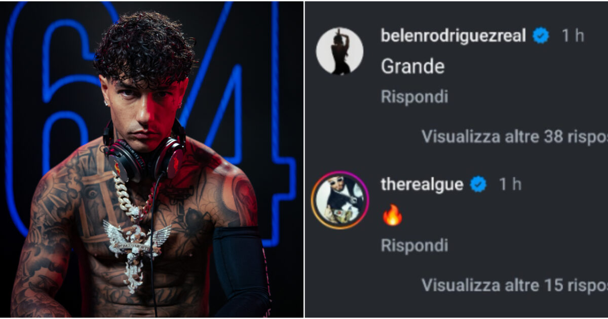 Belen Rodriguez scrive “grande” sotto al post di Tony Effe (e anche Gue Pequeno commenta): c’entra l’attacco a Fedez?