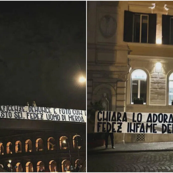 “Finte beneficenze, denunce e foto con le guardie! Questo sei, un uomo di mer*a”: a Roma compaiono striscioni che attaccano pesantemente Fedez