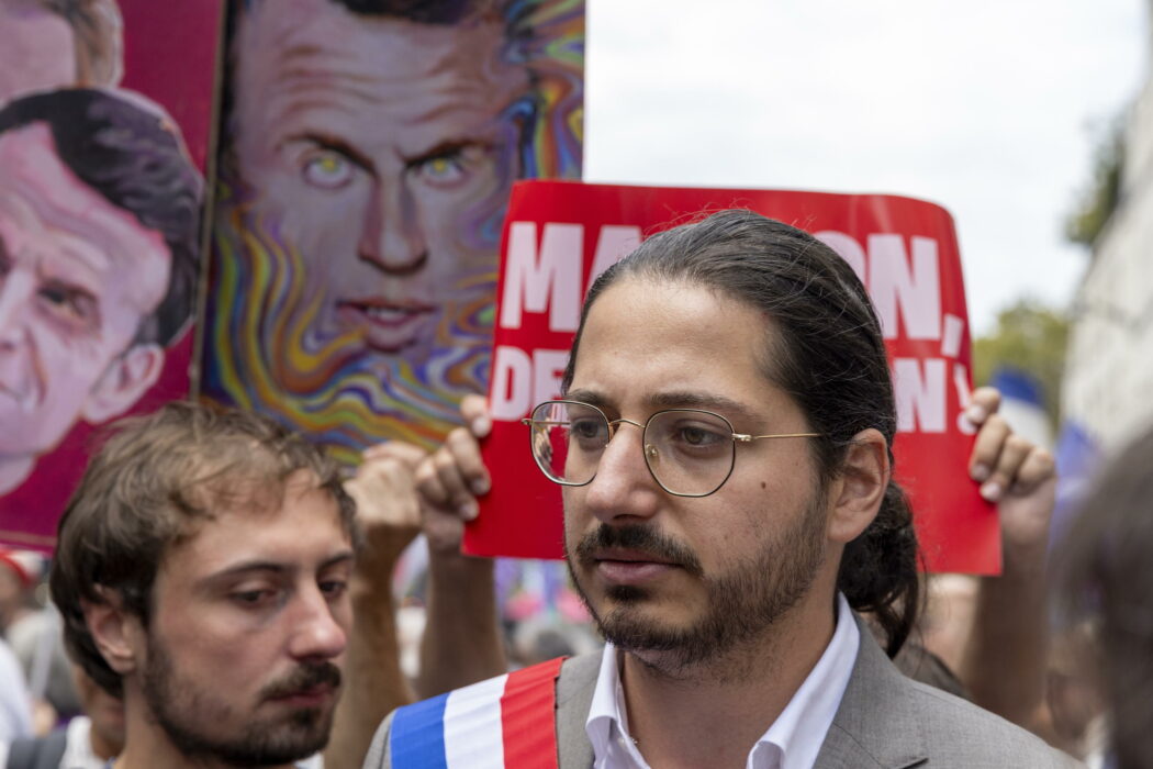 epa11617504 Member of Parliament for the left-wing party La France Insoumise (LFI) Aurelien Le Coq joins protesters during a demonstration against the new Prime minister and French President Emmanuel Macron, in Paris, France, 21 September 2024. Newly appointed French Prime Minister Michel Barnier communicated the list of names of his proposed government to the French President Emmanuel Macron on 20 September. The approval of this list is expected to be in the next few days. The French left parties coalition, Nouveau Front Populaire (NFP), which had arrived ahead in the last legislative elections but fell short of a full majority, called for rallies on 21 September, as they say that their win was not taken in consideration in the formation of the new cabinet.  EPA/ANDRE PAIN