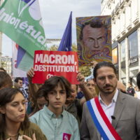 epa11617501 Member of Parliament for the left-wing party La France Insoumise (LFI) Aurelien Le Coq  (2-R) joins protesters during a demonstration against the new Prime minister and French President Emmanuel Macron, in Paris, France, 21 September 2024. Newly appointed French Prime Minister Michel Barnier communicated the list of names of his proposed government to the French President Emmanuel Macron on 20 September. The approval of this list is expected to be in the next few days. The French left parties coalition, Nouveau Front Populaire (NFP), which had arrived ahead in the last legislative elections but fell short of a full majority, called for rallies on 21 September, as they say that their win was not taken in consideration in the formation of the new cabinet.  EPA/ANDRE PAIN