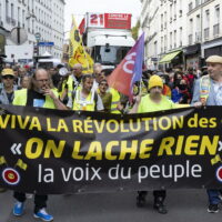 epa11617509 Protesters demonstrate against the Prime Minister Michel Barnier and ask for the destitution of French President Emmanuel Macron, in Paris, France, 21 September 2024. Newly appointed French Prime Minister Michel Barnier communicated the list of names of his proposed government to the French President Emmanuel Macron on 20 September. The approval of this list is expected to be in the next few days. The French left parties coalition, Nouveau Front Populaire (NFP), which had arrived ahead in the last legislative elections but fell short of a full majority, called for rallies on 21 September, as they say that their win was not taken in consideration in the formation of the new cabinet.  EPA/ANDRE PAIN