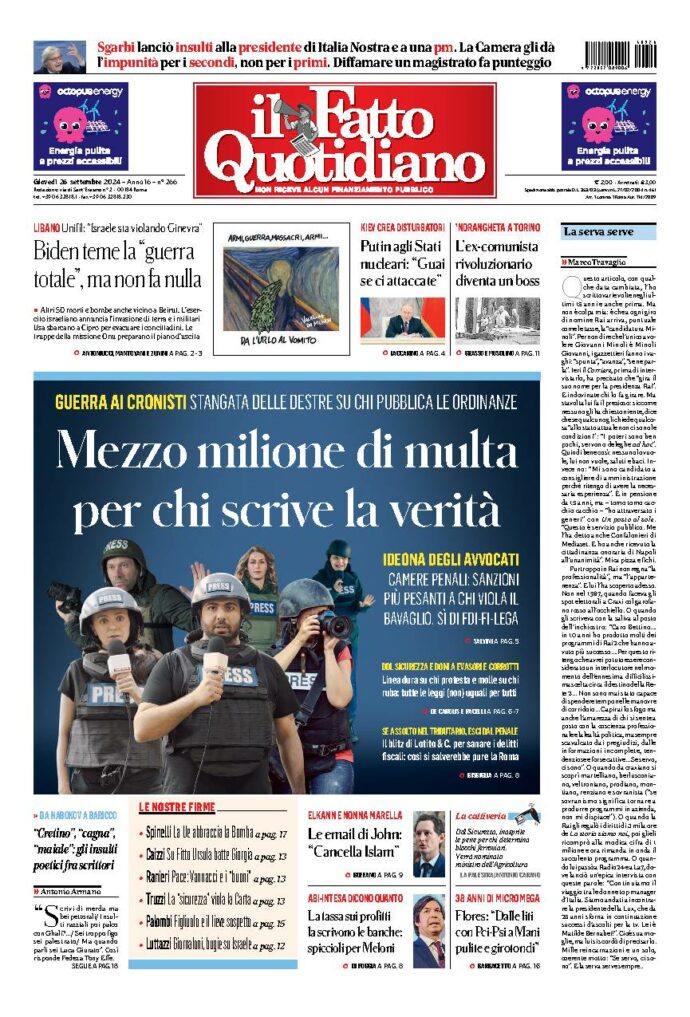 Copertina di giovedì 26 Settembre 2024