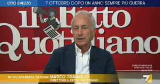 Copertina di Travaglio a La7: “Netanyahu avanza impunito in un gigantesco vuoto mondiale. Biden non ci sta con la testa, Harris è una grande ipocrita”