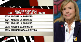 Copertina di Fornero a La7: “Salvini non ha nominato la mia riforma a Pontida? Forse è invecchiato male e dimentica le cose”. Frecciata a Vannacci