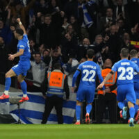 Greece’s Vangelis Pavlidis, right, celebrates with teammates after scoring the opening goal during the UEFA Nations League Group F soccer match between England and Greece at Wembley Stadium in London, Thursday, Oct. 10, 2024. (AP Photo/Kirsty Wigglesworth)

Associated Press/LaPresse