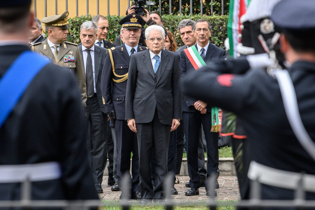 Deposizione di corone al Monumento ai piccoli martiri di Gorla in vista dell’ottantesimo anniversario del bombardamento che uccise 184 bambini con presidente della Repubblica Sergio Mattarella – Milano,  Lunedì 14 Ottobre 2024 
(Foto Claudio Furlan/Lapresse)