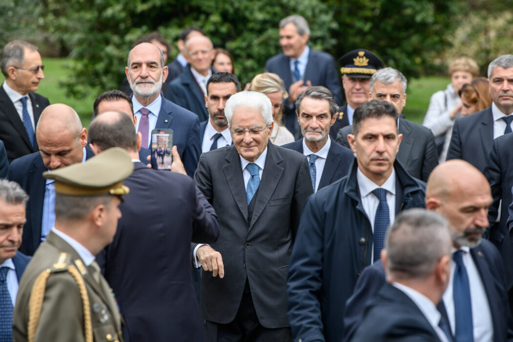 Deposizione di corone al Monumento ai piccoli martiri di Gorla in vista dell’ottantesimo anniversario del bombardamento che uccise 184 bambini con presidente della Repubblica Sergio Mattarella – Milano,  Lunedì 14 Ottobre 2024 
(Foto Claudio Furlan/Lapresse)