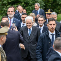 Deposizione di corone al Monumento ai piccoli martiri di Gorla in vista dell’ottantesimo anniversario del bombardamento che uccise 184 bambini con presidente della Repubblica Sergio Mattarella – Milano,  Lunedì 14 Ottobre 2024 
(Foto Claudio Furlan/Lapresse)