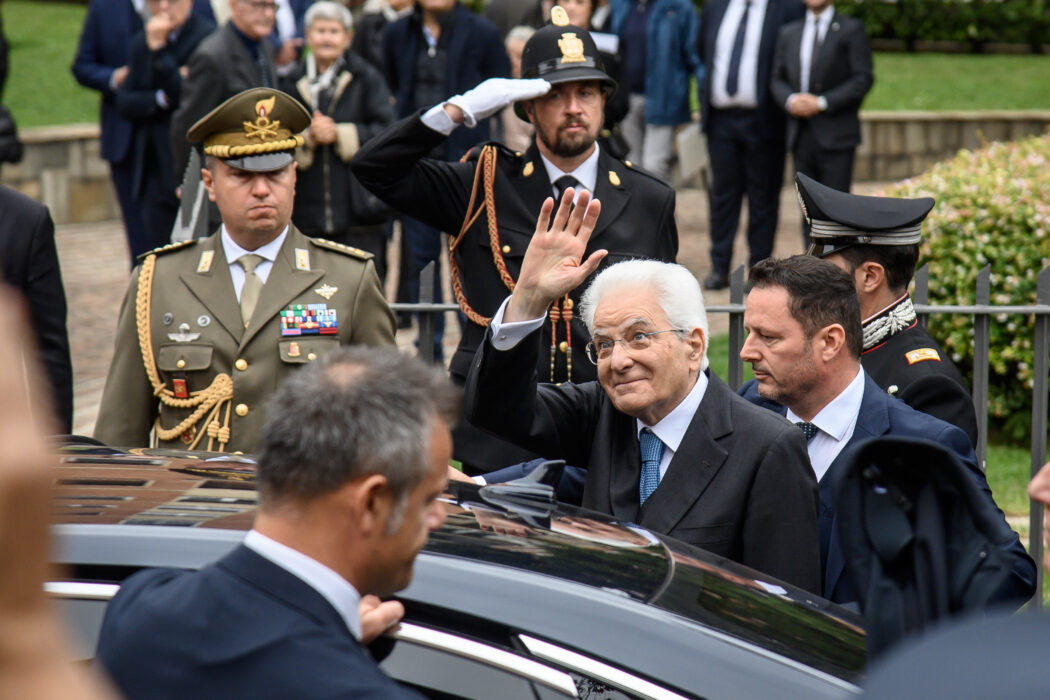 Deposizione di corone al Monumento ai piccoli martiri di Gorla in vista dell’ottantesimo anniversario del bombardamento che uccise 184 bambini con presidente della Repubblica Sergio Mattarella – Milano,  Lunedì 14 Ottobre 2024 
(Foto Claudio Furlan/Lapresse)