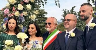 Copertina di “Ti hanno visto con una maglia bianconera, vuoi confessare?”: lo show di De Laurentiis al matrimonio con Brozovic testimone