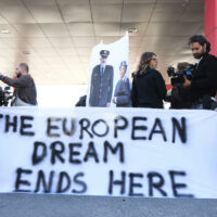 Activists, holding pictures of the Italian and Albanian premiers dressed as police officers, protest at the entrance of the port of Shengjin, northwestern Albania, Wednesday, Oct. 16, 2024, following the arrival of an Italian navy ship carrying the first group of migrants who were intercepted in international waters. (AP Photo/Vlasov Sulaj) 


associated Press / LaPresse
Only italy and Spain