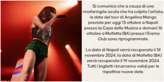 Copertina di “Sono mortificata, ma non è il momento di essere testarda. Riprenderò la mia voce”: Angelina Mango ha la rinofaringite acuta e rimanda due date del tour