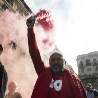 Auto workers protest during the national automotive demonstration in Rome, Italy, 18 October 2024. The Fim-Cisl, Fiom-Cgil, and Uilm-Uil trade unions organized the industrial action to protest against layoffs and call for the revival of the car sector.
ANSA/ANGELO CARCONI