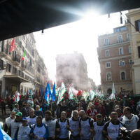 Auto workers protest during the national automotive demonstration in Rome, Italy, 18 October 2024. The Fim-Cisl, Fiom-Cgil, and Uilm-Uil trade unions organized the industrial action to protest against layoffs and call for the revival of the car sector.
ANSA/ANGELO CARCONI