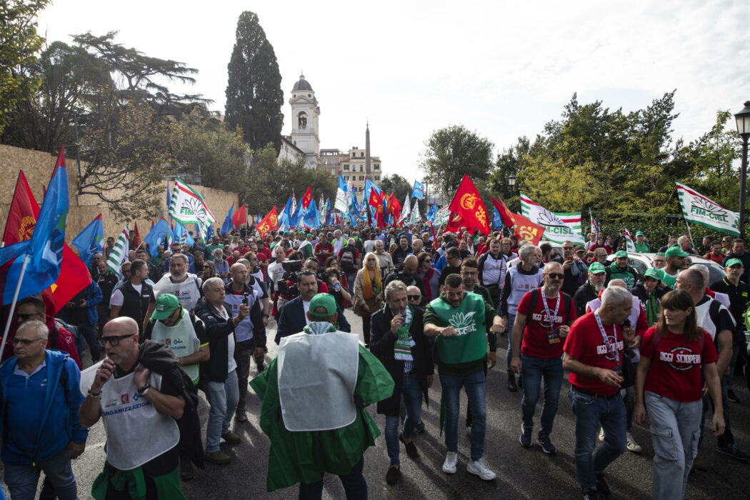 Auto workers protest during the national automotive demonstration in Rome, Italy, 18 October 2024. The Fim-Cisl, Fiom-Cgil, and Uilm-Uil trade unions organized the industrial action to protest against layoffs and call for the revival of the car sector.
ANSA/ANGELO CARCONI