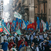 Auto workers protest during the national automotive demonstration in Rome, Italy, 18 October 2024. The Fim-Cisl, Fiom-Cgil, and Uilm-Uil trade unions organized the industrial action to protest against layoffs and call for the revival of the car sector.ANSA/GIUSEPPE LAMI