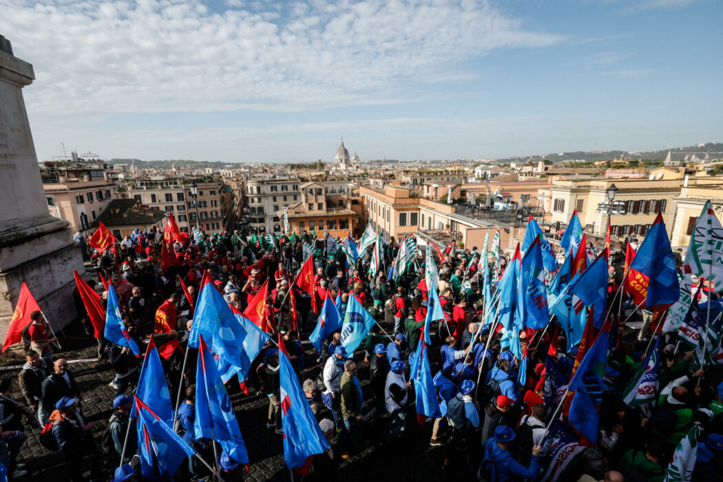 Auto workers protest during the national automotive demonstration in Rome, Italy, 18 October 2024. The Fim-Cisl, Fiom-Cgil, and Uilm-Uil trade unions organized the industrial action to protest against layoffs and call for the revival of the car sector.ANSA/GIUSEPPE LAMI