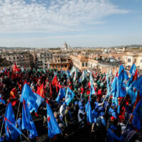 Auto workers protest during the national automotive demonstration in Rome, Italy, 18 October 2024. The Fim-Cisl, Fiom-Cgil, and Uilm-Uil trade unions organized the industrial action to protest against layoffs and call for the revival of the car sector.ANSA/GIUSEPPE LAMI