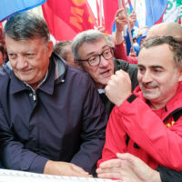 Il segretario UIL Pierpaolo Bombardieri, Il segretario CGIL Maurizio Landini, il segretario FIOM Michele de Palma durante la manifestazione organizzata da Fim, Fiom, Uilm in occasione dello sciopero nazionale dei metalmeccanici del settore automotive, Roma, Venerdì, 18 Ottobre 2024 (foto Mauro Scrobogna / LaPresse) 

UIL secretary Pierpaolo Bombardieri, CGIL secretary Maurizio Landini, FIOM se rotary Michele de Palma during the demonstration organized by Fim, Fiom, Uilm unions on the occasion of the national strike of metalworkers of the automotive sector, Rome, Friday, October 18 2024 (photo Mauro Scrobogna / LaPresse)