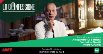 Copertina di Alessandro Di Battista, Veronica Pivetti e Pietro Orlandi ospiti di Peter Gomez a La Confessione sabato 19 ottobre alle 21 su Rai3