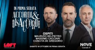 Copertina di Belpietro, Cacciari, De Gregorio ospiti di Luca Sommi ad Accordi&Disaccordi il 19 ottobre su Nove in prima serata. Con Travaglio e Scanzi