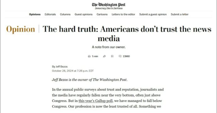 Il Washington Post blocca l’endorsement a Harris e perde 200mila abbonati. Bezos: “La mia è la scelta giusta”